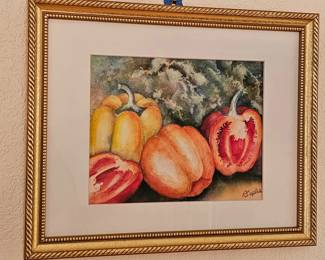 157 SignedOriginalStillLifeWatercolorOfPeppersByRCaples