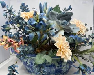 130 BlueFauxFloralArrangementin2HandleCeramicPot