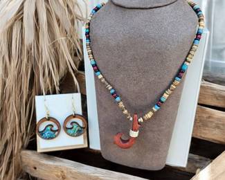 Hawaiian Fish Hook Coconut Beaded Necklace Abalone Inlaid KOA Earrings