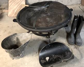Fire Pit, Coal Scuttle, Firewood Carrier, and Boots