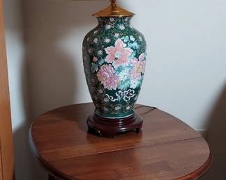 Oval Wooden Table With Dropleaf And Green Floral Lamp