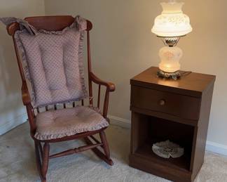 Wooden Rocker, Table And Lamp