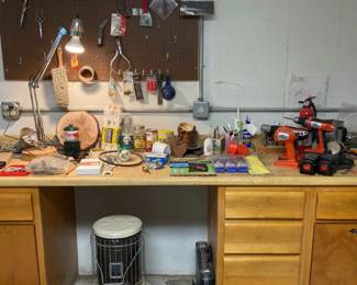Workbench Contents Including Portable Kerosene Heater
