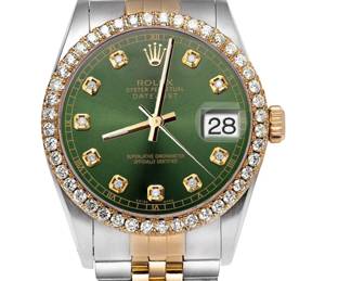 Rolex Two Tone Date Just with Green Diald and Diamond Bezel