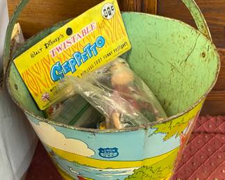 Tin Litho Sand Pail and Toys