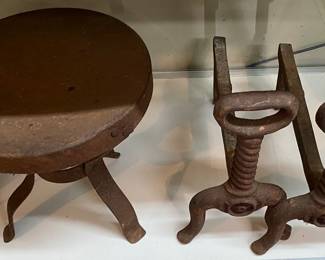 Old Metal Milking Stool and Andirons
