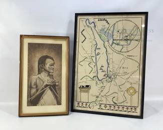 Framed Map of Cazenovia Lake 1835 & Native American Portrait by V. Vick