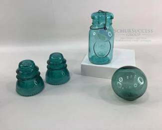 Vintage Aqua Glass Ball Mason Jar, Insulators, & Float Ball