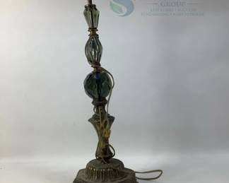 Vintage Table Lamp, Decorative Glass, Brass and Green Finish