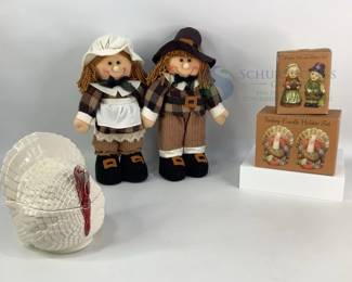Thanksgiving Set with Turkey Dish, Pilgrim Figurines, Candle Holders, and Shakers