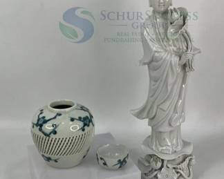 Ceramic Figurine and Imari Blue Floral Vase Set