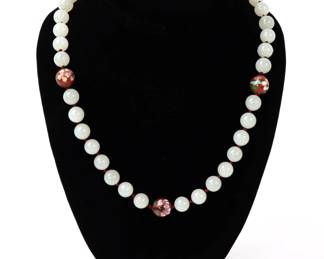 Lot 120 Chinese Cloisonne White Jade Bead Necklace
