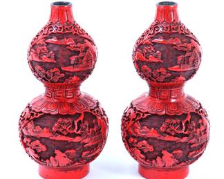 Lot 2 Gorgeous Pair of Chinese Cinnabar Double Gourd Vases