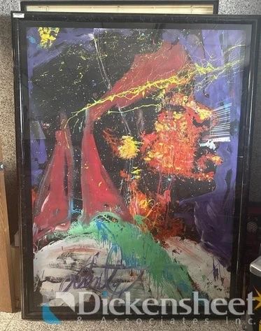 JIMI HENDRIX FRAMED ARTWORK BY DENNY DENT - Approximate 76 inch H by 54 1/2 inches L, acrylic on paper.