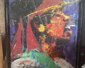 JIMI HENDRIX FRAMED ARTWORK BY DENNY DENT - Approximate 76 inch H by 54 1/2 inches L, acrylic on paper.