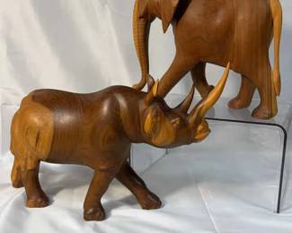 African Mahogany Wood Elephant And Rhinoceros Carvings
