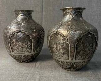Pair Of Silver Persian Hammered Vases 