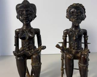 RARE Seated Baule Bronze Figures, Ivory Coast, late 19th Century, 2PC 