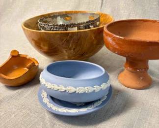 5PC Assortment Of Bowls Vintage Silver Plated Bowl, Marbled Wood Bowl, Ceramic Bowls