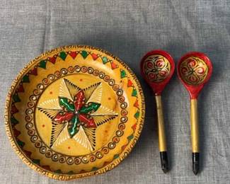 Vintage Hand Painted Wooden Bowl 2 Spoons