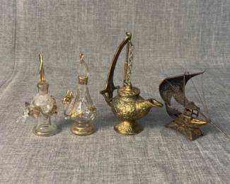 Egyptian Glass Perfume Bottle 2PC, Hanging Oil Lamp, Miniature Ornate Portuguese Cargo Ship