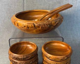 Vintage Polynesian Carved Wooden Salad Serving Set, 11PC Set