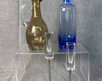 Cobalt Glass Decanter With Stopper, Bohemia MCM Glass Cruet, Rosenthal Glass Candlestick Holders