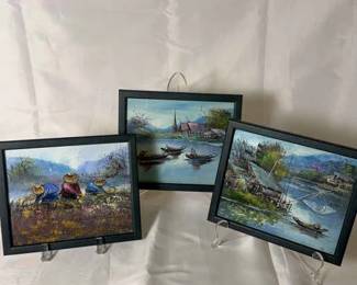 Set Of 3 Original Signed Asian Oil Paintings 