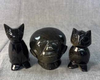 Black Obsidian, Owl Cat Tiki Carvings Figurines