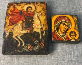 Reproductions of Wood Painting Of Saint George Our Lady Or Kazan, Set Of 2 