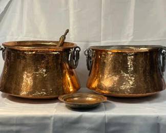 Two Turkish Cooking Pots Plate  Spoon, all Copper