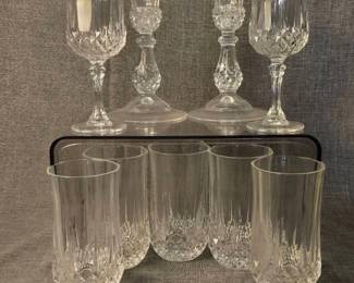 Set Of Longchamp Cristal Five Glasses  Two Cups  Two Candlestick Holders. 