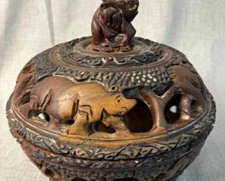 African Hand Carved Wooden Bowl With African Animals