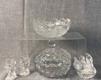 Fostoria Crystal Candy Dish, Vintage Crystal Bowl, Crystal Swan, Crystal Angel Figurines 2PC