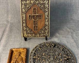 Wood Reproductions Christs Cross, Aztec Calendar Stone, Icon Of Saint John Of Rila 