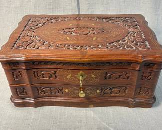 Hand Carved Wooden Jewelry Box With Brass Inlays India