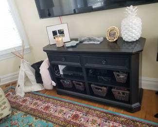Two-drawer console with storage shelves