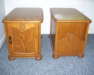 PAIROF OAK END TABLES WITH MAGAZINE RACK ONBACK