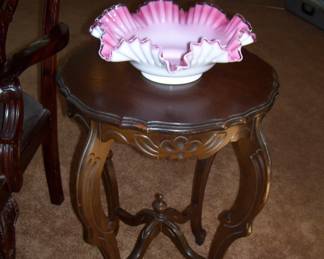 PINK FENTON CREST CRIMPED BRIDES BOWL ON A VINTAGE TABLE