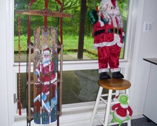 PAINTED SLED & LARGE SANTA - GRINCH