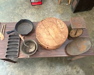 Antique scale, cast iron items, etc.