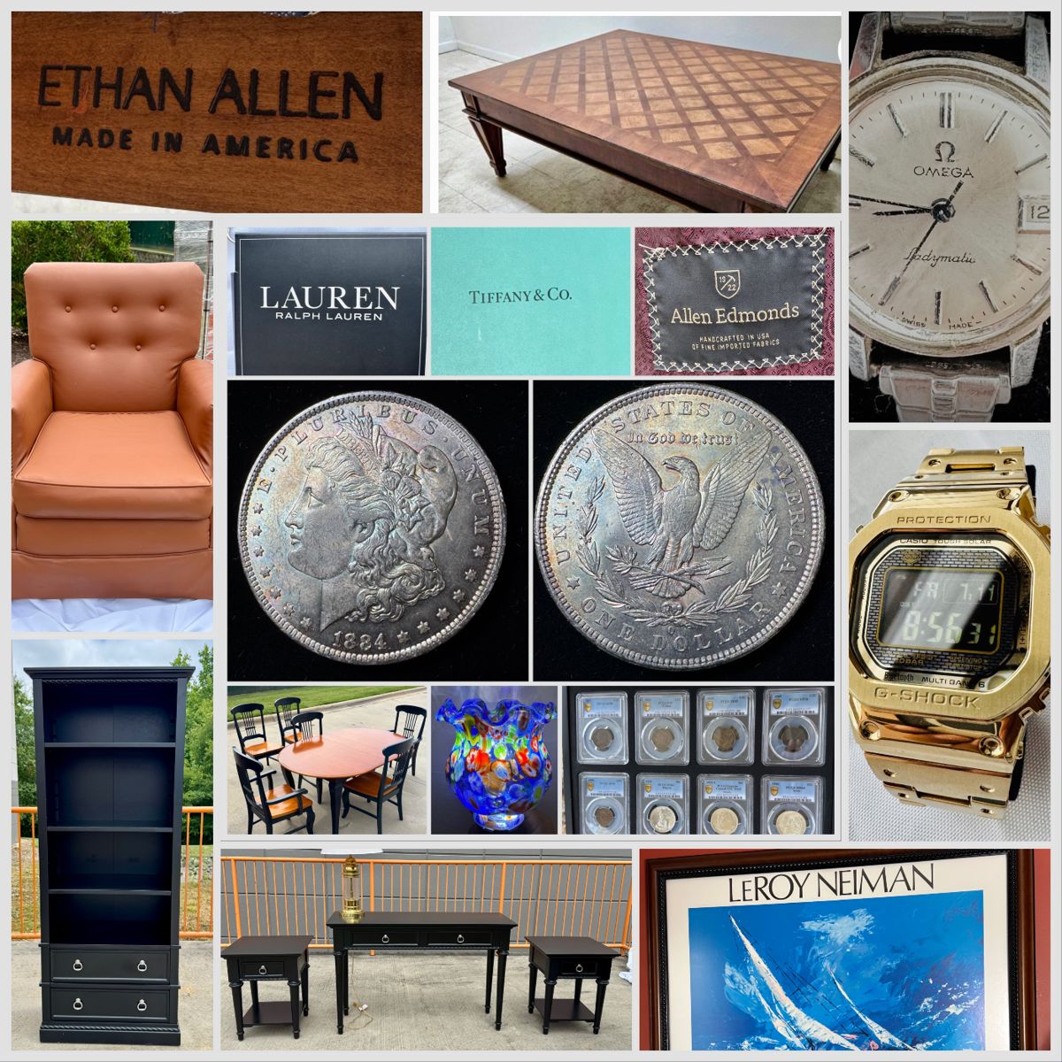 Ethan Allen Classic, revival marquettry coffee table, four piece solid oak with black twisted rope borders and nickel plated pulls, Leroy Neiman sailing lithograph, PCGS graded US half cents and silver commemoratives, 1884 Morgan silver dollar , omega lady Matic, mechanical wristwatch