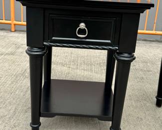 Solid oak, 4piece office suite, one writing desk, one two drawer bookcase and two side tables. rope scroll borders, and nickel plated brass pulls. 