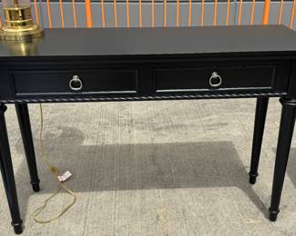 Solid oak, 4piece office suite, one writing desk, one two drawer bookcase and two side tables. rope scroll borders, and nickel plated brass pulls. 