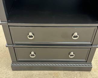 Solid oak, 4piece office suite, one writing desk, one two drawer bookcase and two side tables. rope scroll borders, and nickel plated brass pulls. 