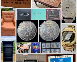 Ethan Allen Classic, revival marquettry coffee table, four piece solid oak with black twisted  rope borders and nickel plated pulls, Leroy Neiman sailing lithograph, PCGS graded US half cents and silver commemoratives, 1884 Morgan silver dollar , omega lady Matic, mechanical wristwatch