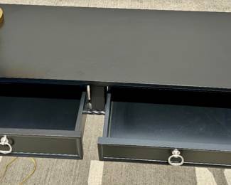 Solid oak, 4piece office suite, one writing desk, one two drawer bookcase and two side tables. rope scroll borders, and nickel plated brass pulls. 