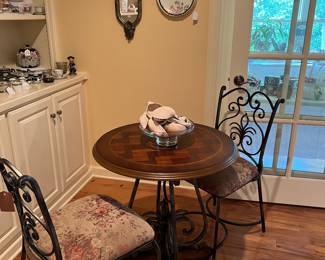 Inlaid wood and Wrought Iron Bistro table/chairs