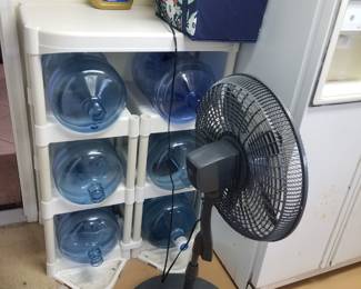 Water bottles & water bottle stand; floor fan