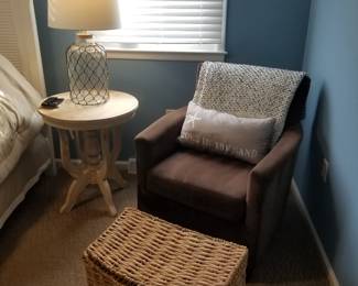 Cozy chair; wicker hamper